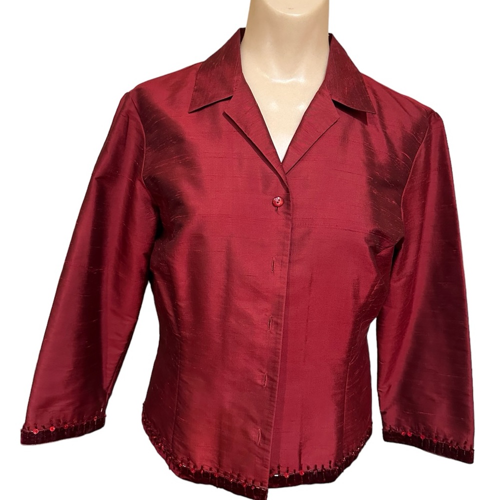 Ann Taylor unlined, maroon red silk jacket, size 6